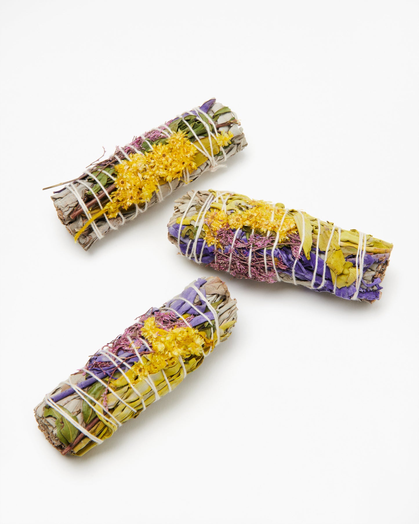 three marigold lavender white sage smudging bundles