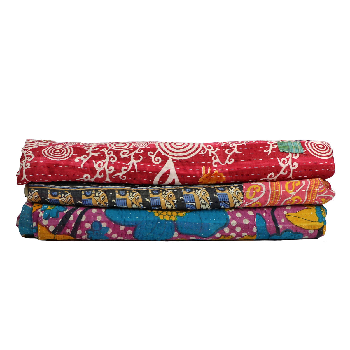 folded vintage kantha quilts white background