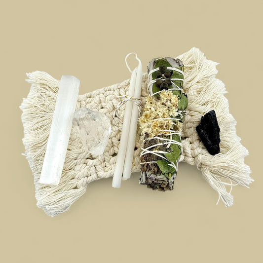 cord cutting kit on white macrame