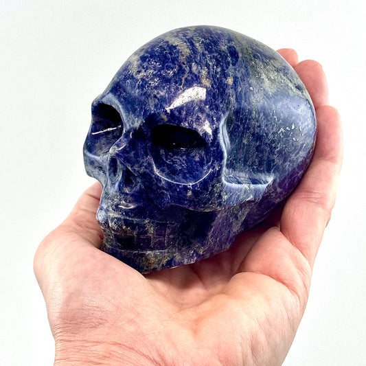 hand holding sodalite skull crystal